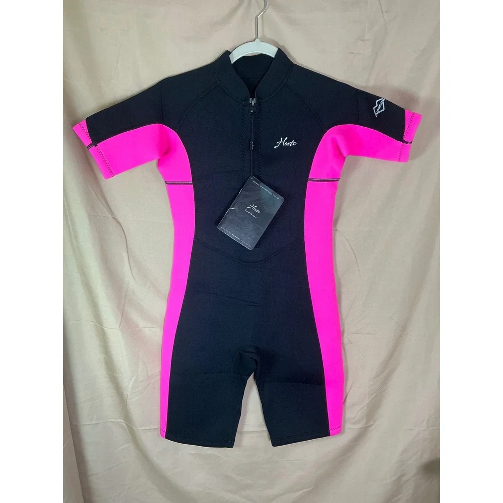 Heuto Shorty Wetsuit Kids Size‎ 12 Black Pink New Front Zip Neoprene 1294